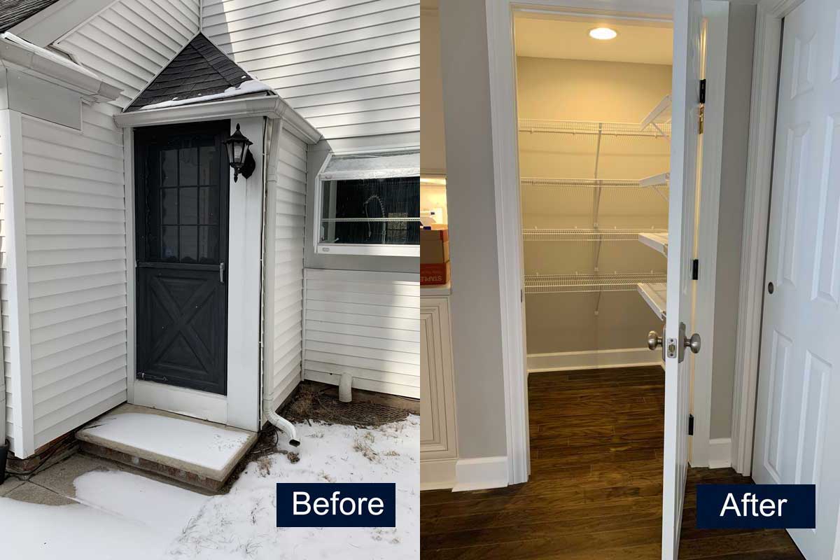 Retrofit Pantry Before & After- from unnecessary entryway to pantry 