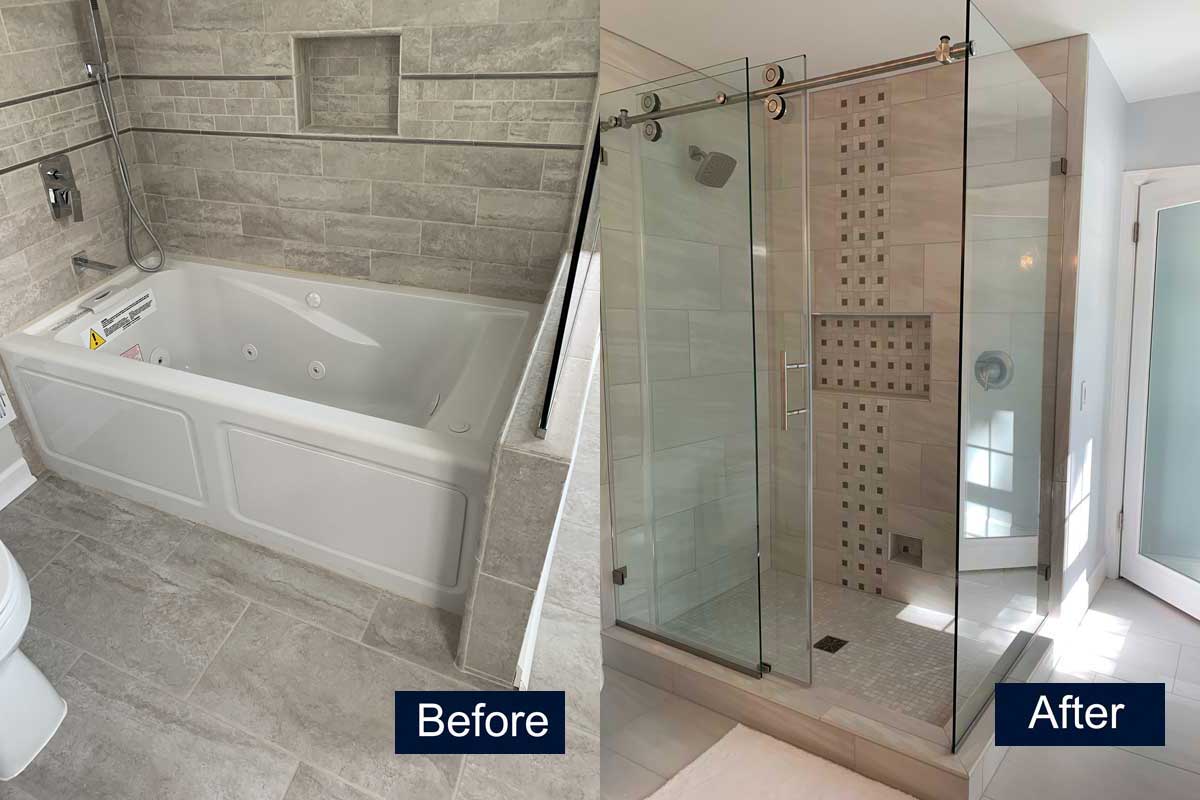 Master shower before and after