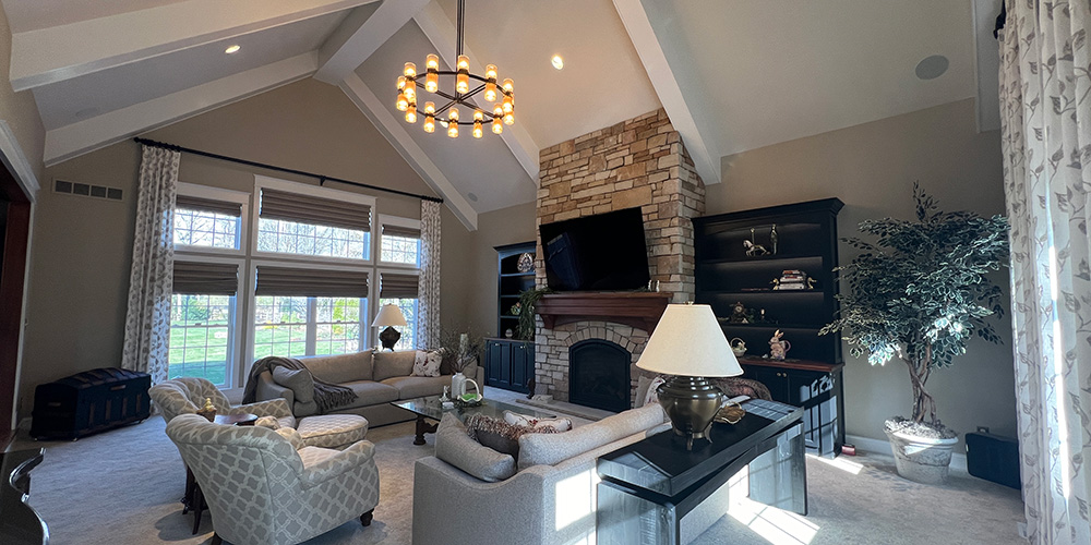 Family Room with Elegant Windows and Fireplace