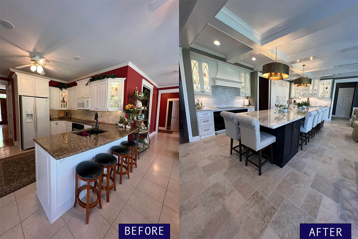 Kitchen Island, Seating, and Cupboards Before & After